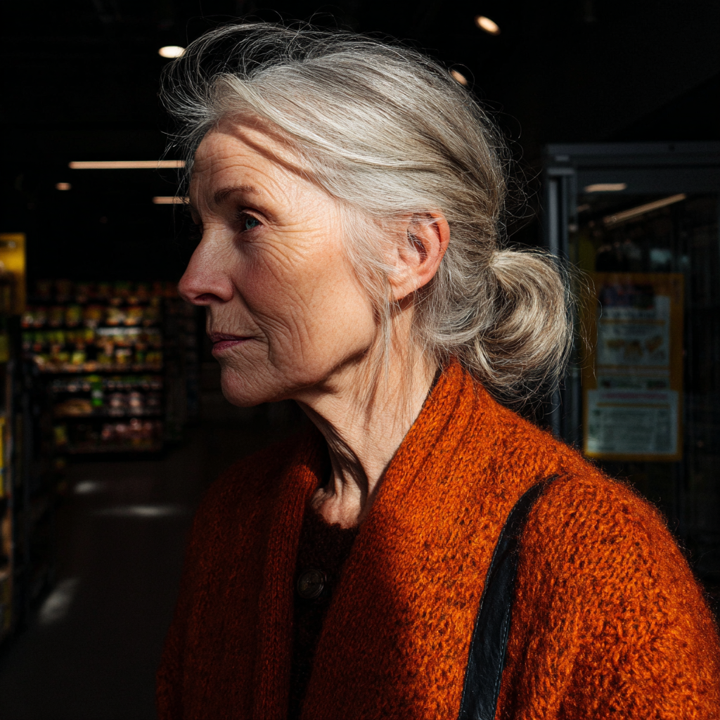 Eine alte Frau trägt eine orangefarbene Strickjacke | Quelle: Midjourney