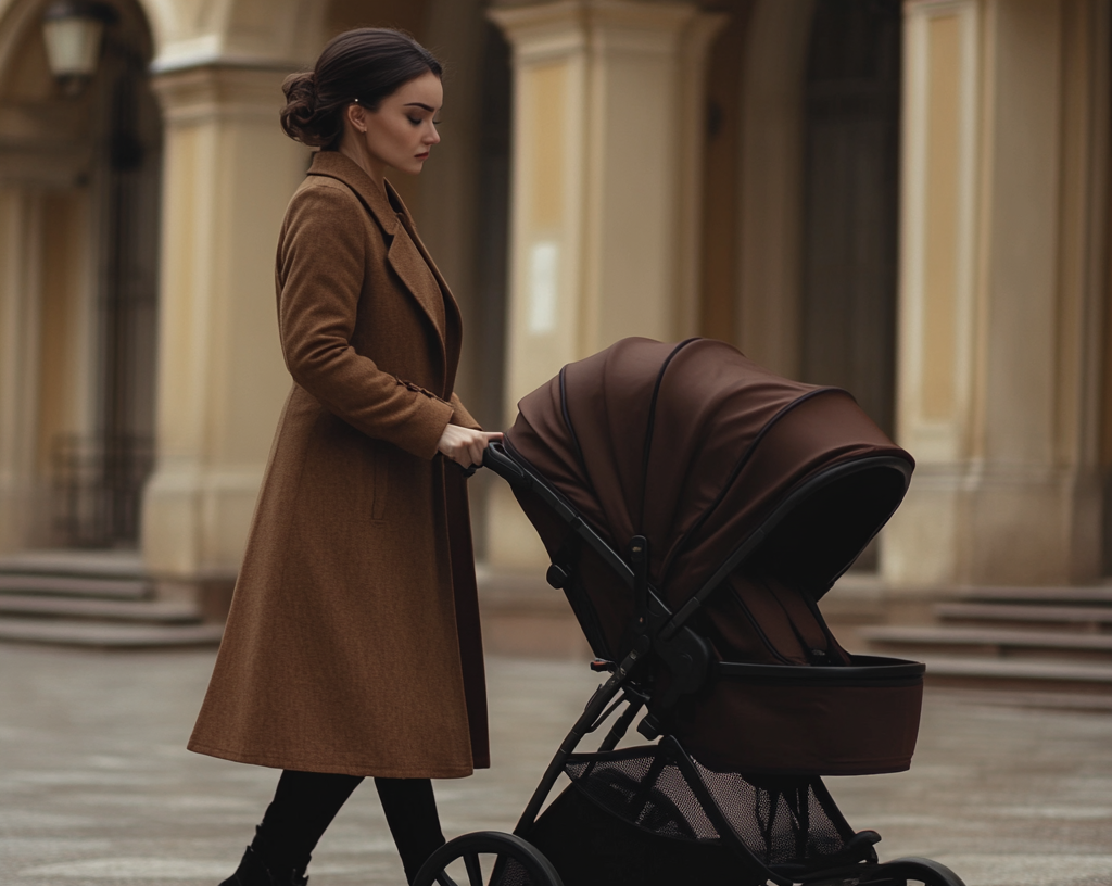 Traurige Frau, die einen Kinderwagen schiebt | Quelle: Midjourney