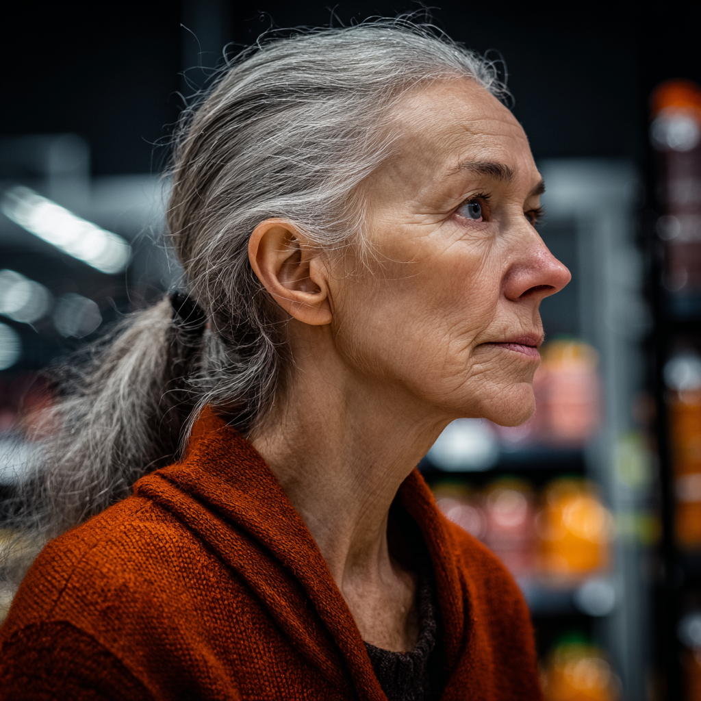 Eine erschöpfte ältere Frau, die eine orangefarbene Strickjacke trägt | Quelle: Midjourney