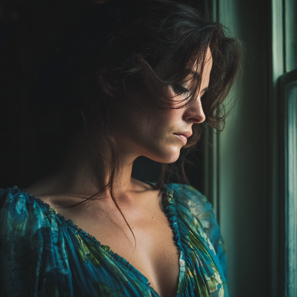 Eine emotionale Frau, die am Fenster steht | Quelle: Midjourney