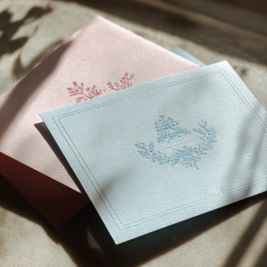 Pastellfarbene Babyparty-Einladungen auf einem Tisch | Quelle: Midjourney