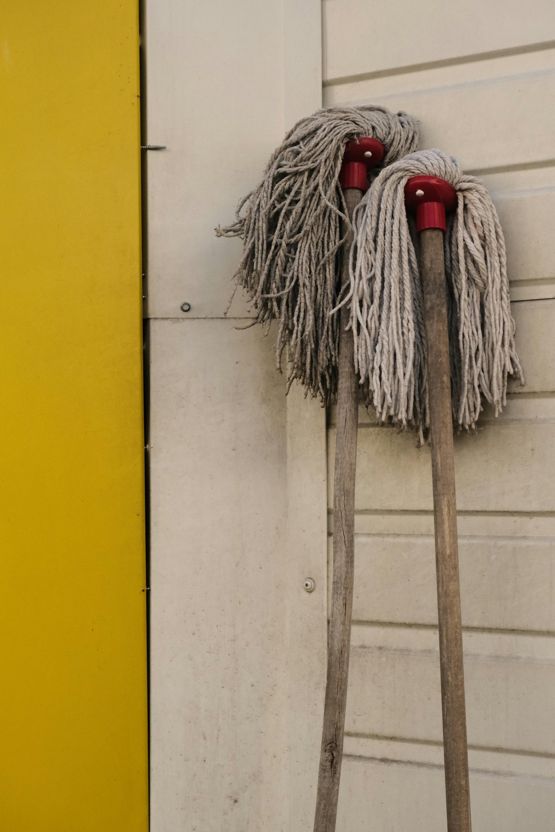 Zwei abgenutzte Mopps lehnen an einer Wand | Quelle: Pexels