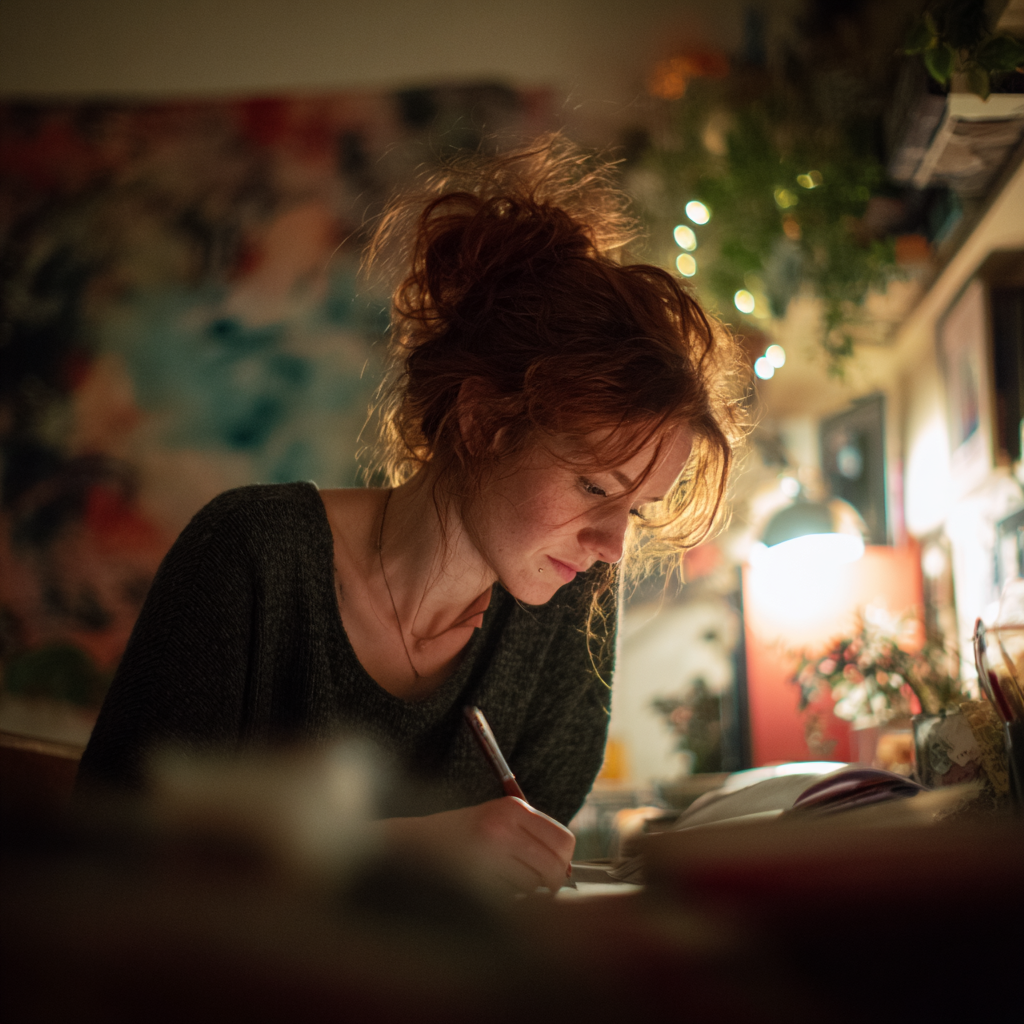 Eine Frau schreibt in ein Notizbuch | Quelle: Midjourney