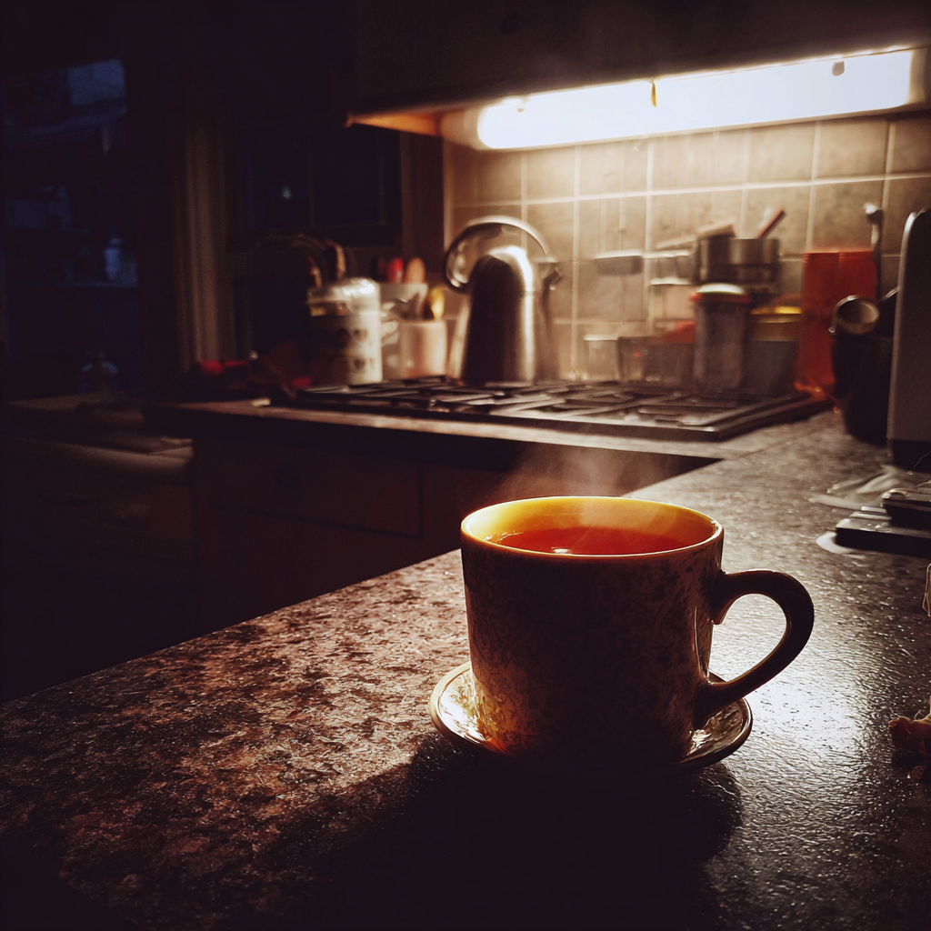 Eine Tasse Tee auf einem Küchentisch | Quelle: Midjourney