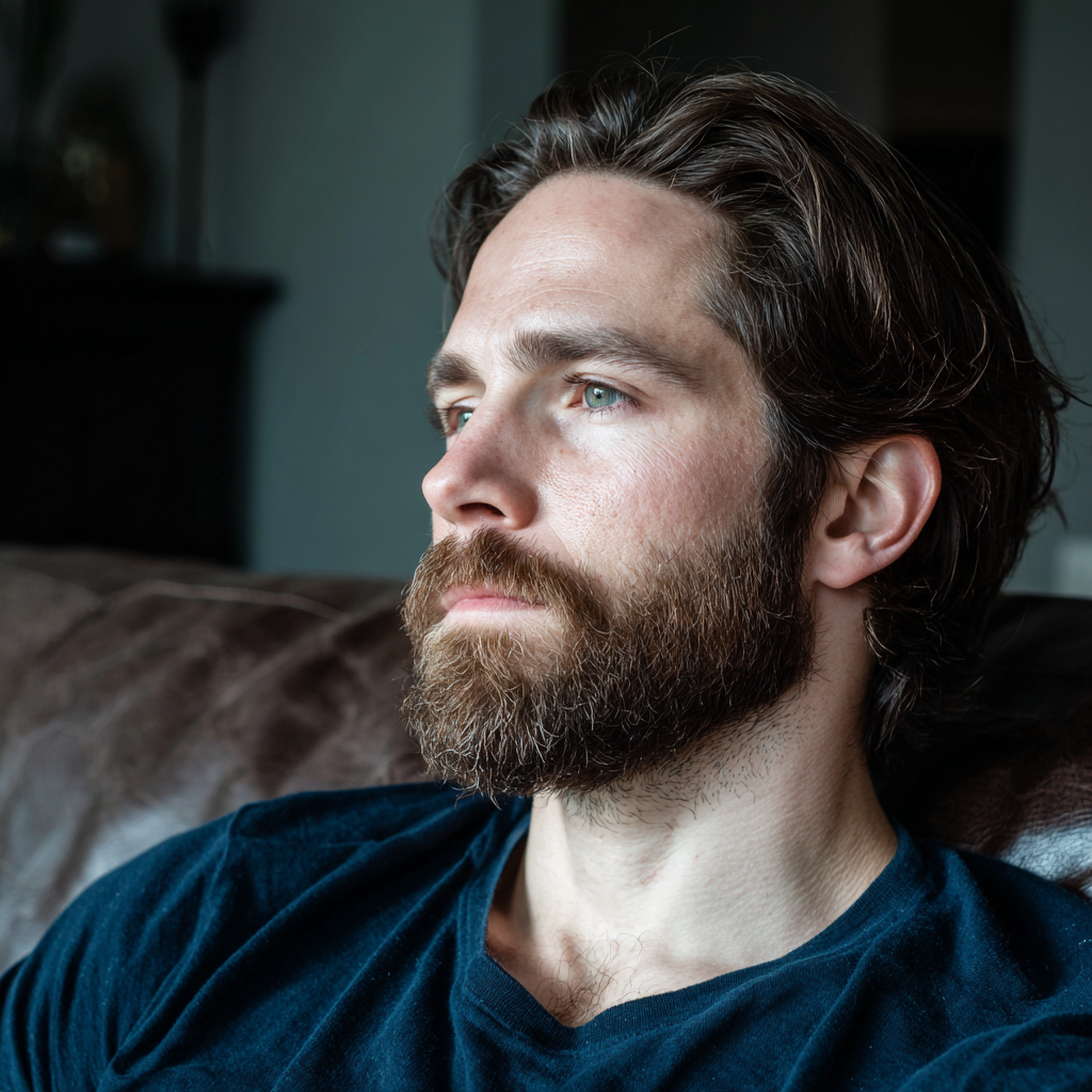 Eine Nahaufnahme eines Mannes in einem marineblauen T-Shirt | Quelle: Midjourney