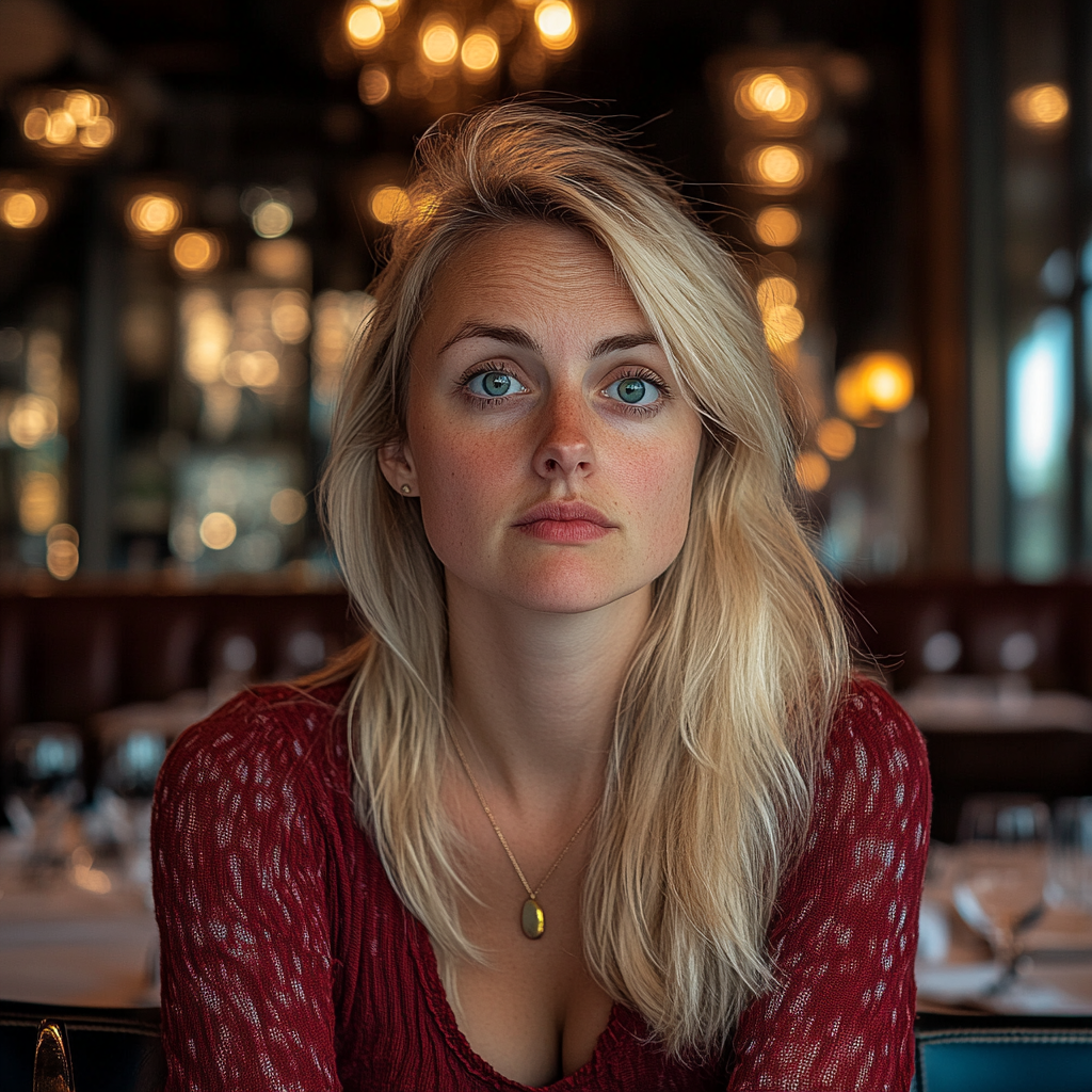 Eine Frau, die jemanden anschaut, während sie in einem gehobenen Restaurant sitzt | Quelle: Midjourney