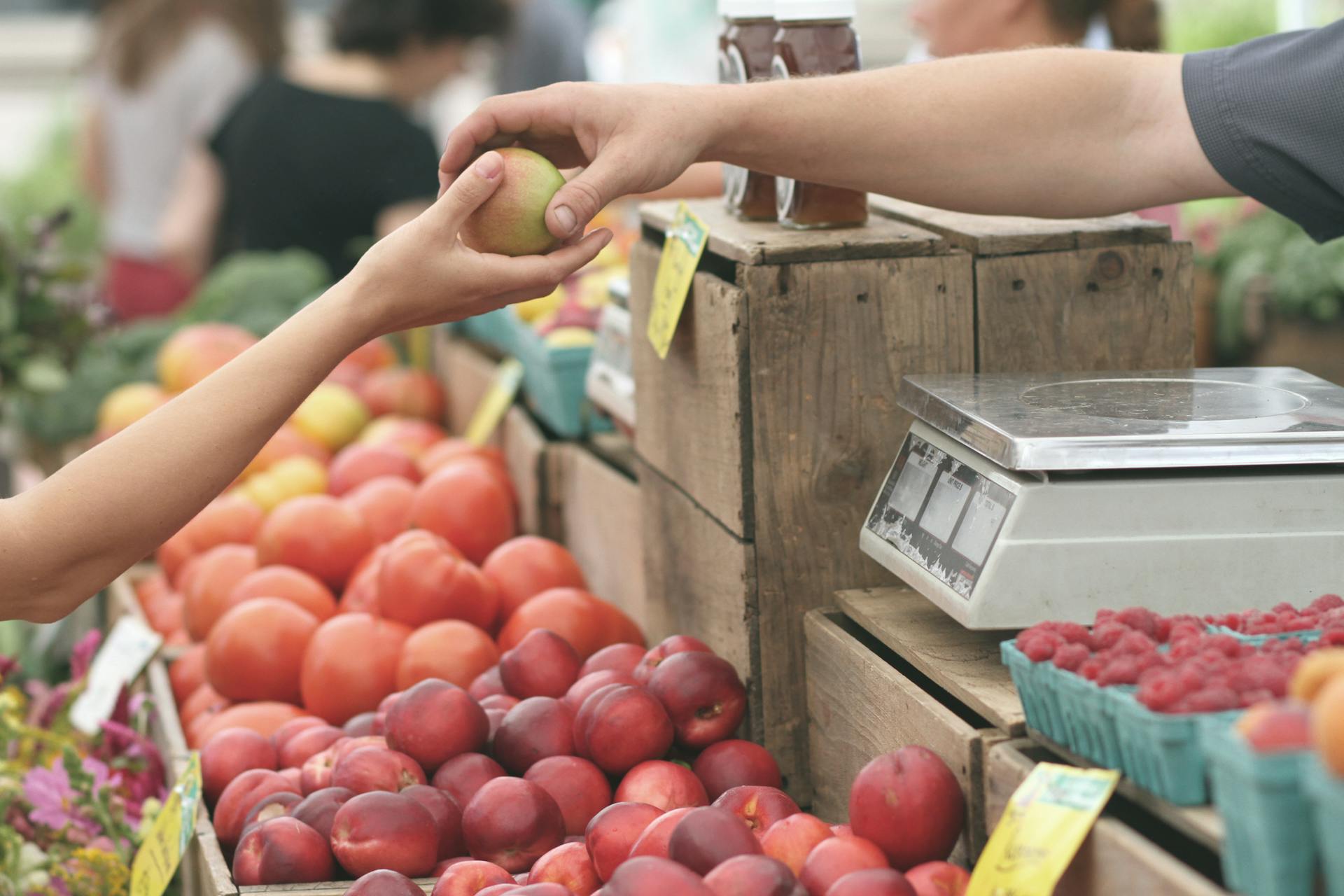 Eine Nahaufnahme einer Person, die einer anderen Person eine Frucht reicht | Quelle: Pexels
