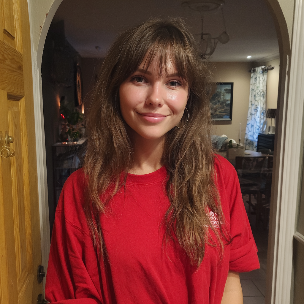 Eine lächelnde Frau in einem roten T-Shirt | Quelle: Midjourney