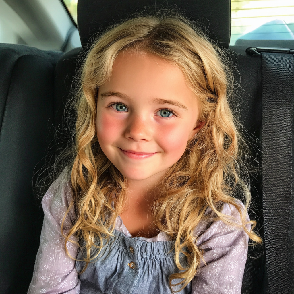 Ein lächelndes kleines Mädchen, das in einem Auto sitzt | Quelle: Midjourney