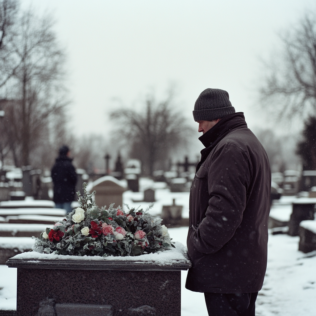 Ein Friedhofsarbeiter neben einem Sarg | Quelle: Midjourney