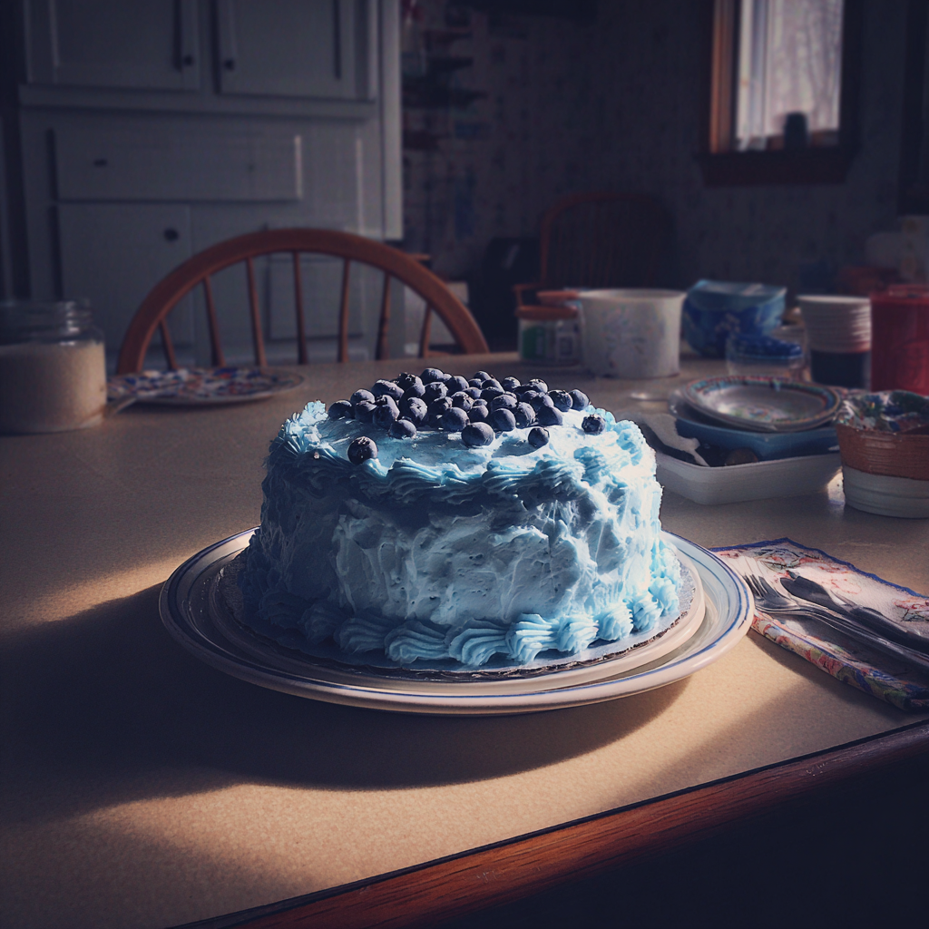 Ein Kuchen mit blauem Zuckerguss und Blaubeeren | Quelle: Midjourney