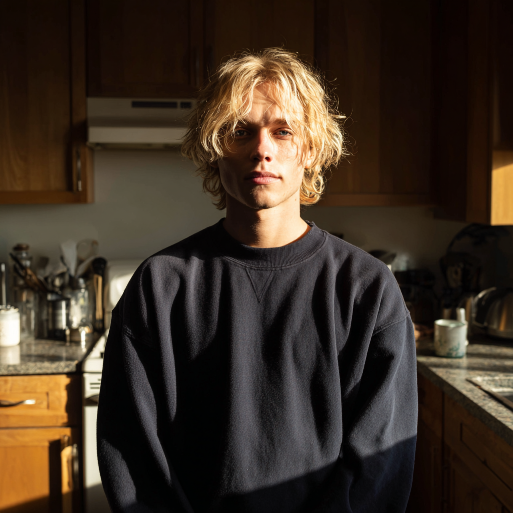 Ein junger Mann steht in einer Küche und trägt ein marineblaues Sweatshirt | Quelle: Midjourney