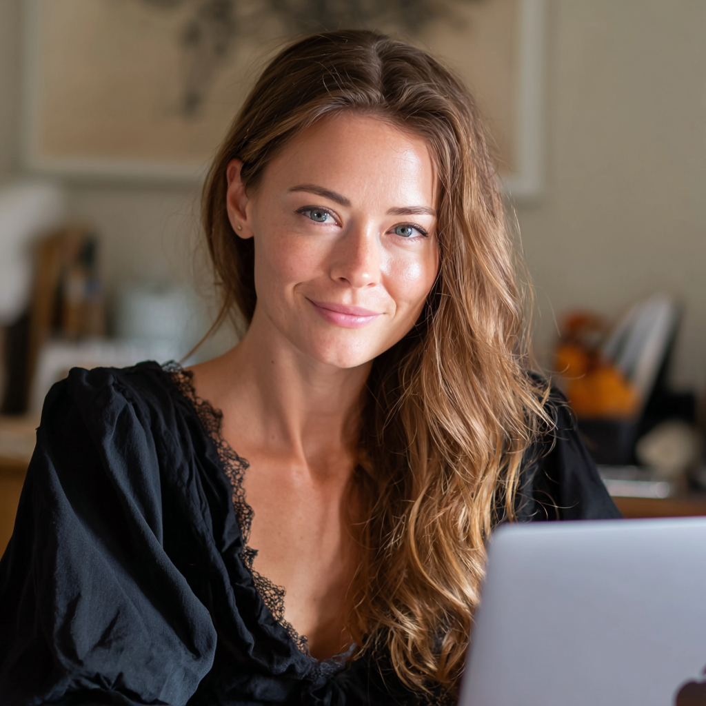Eine lächelnde Frau in einer schwarzen Bluse | Quelle: Midjourney