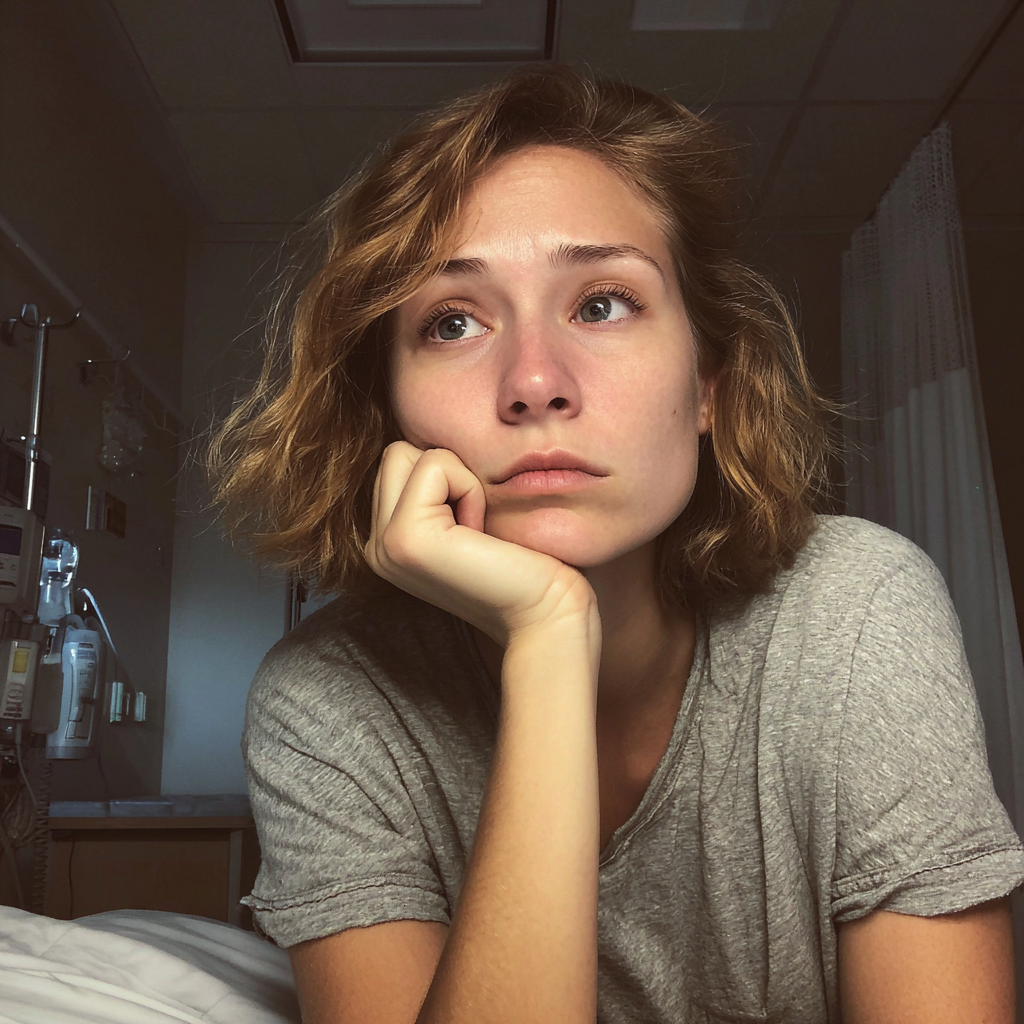 Eine gefühlsbetonte Frau, die im Arztzimmer sitzt | Quelle: Midjourney