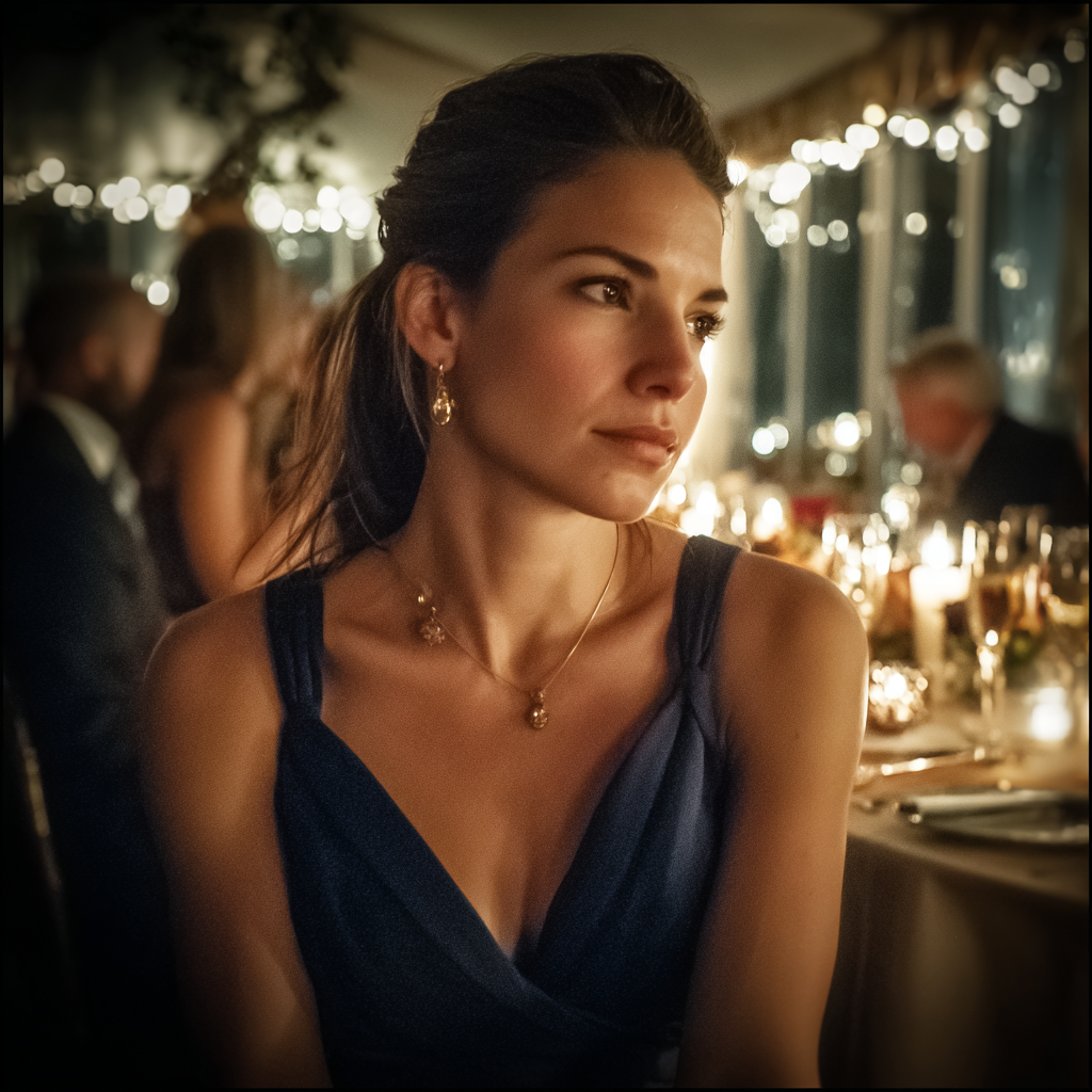 Eine Frau, die auf einer Hochzeitsfeier sitzt | Quelle: Midjourney