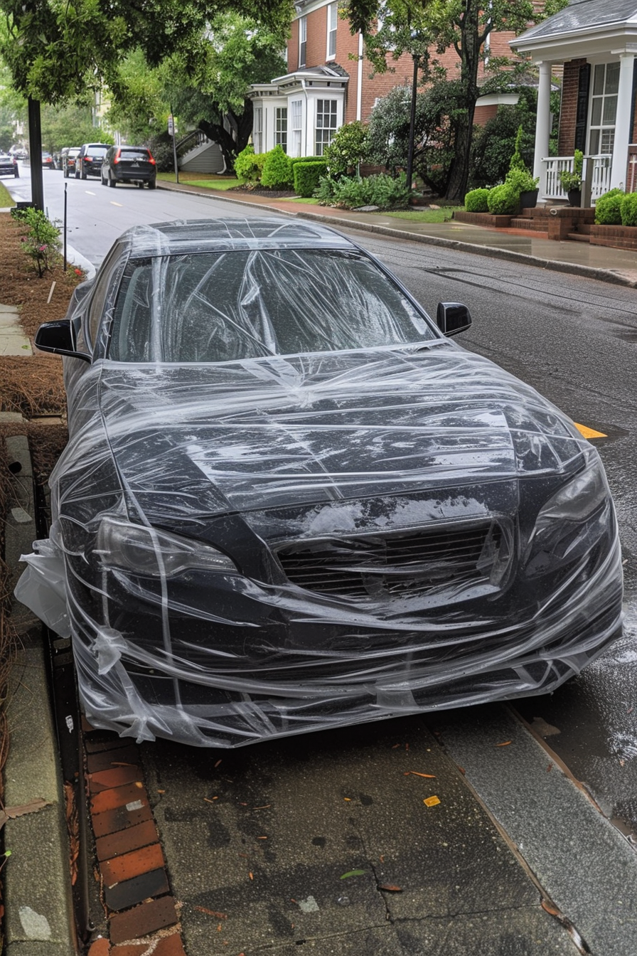 Ein mit Plastikband umwickeltes Auto in einer Nachbarschaft | Quelle: Midjourney