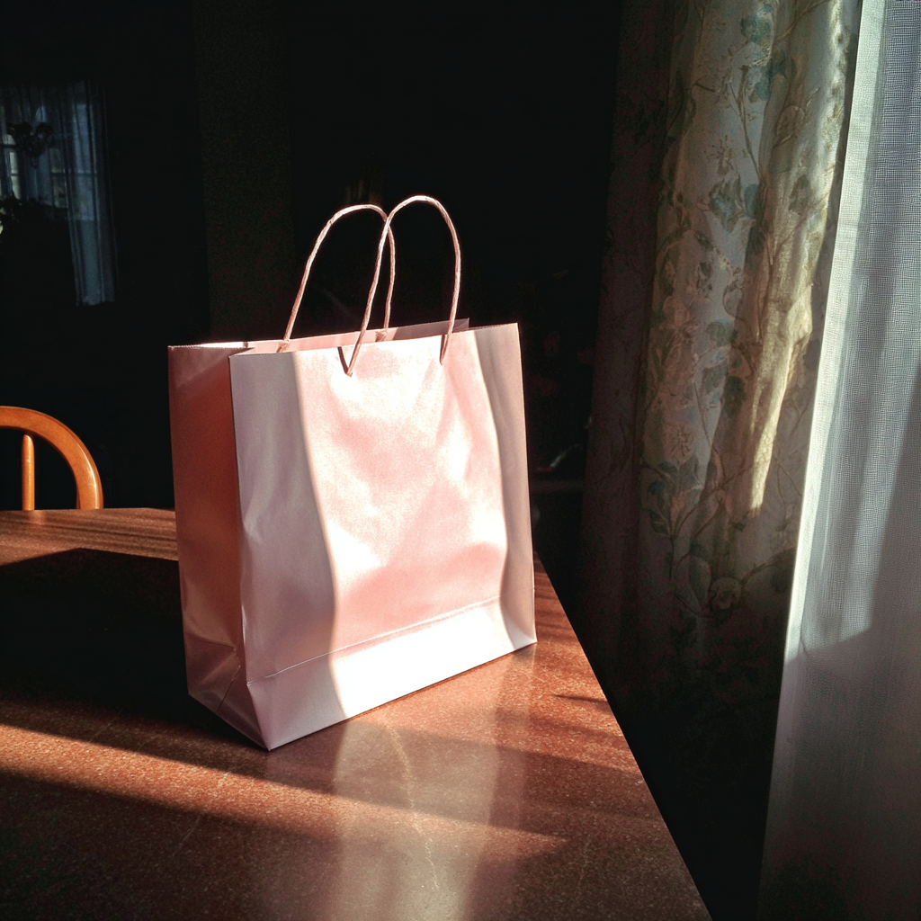 Eine rosa Geschenktüte auf einem Tisch | Quelle: Midjourney