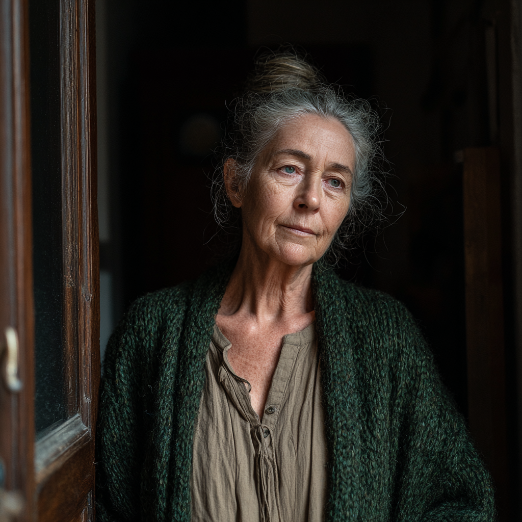 Eine alte Frau, die an einer Haustür steht | Quelle: Midjourney