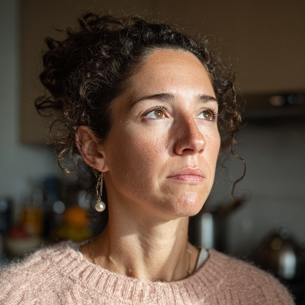 Eine Frau mit lockigem Haar und einem rosa Pullover steht in einer Küche | Quelle: Midjourney