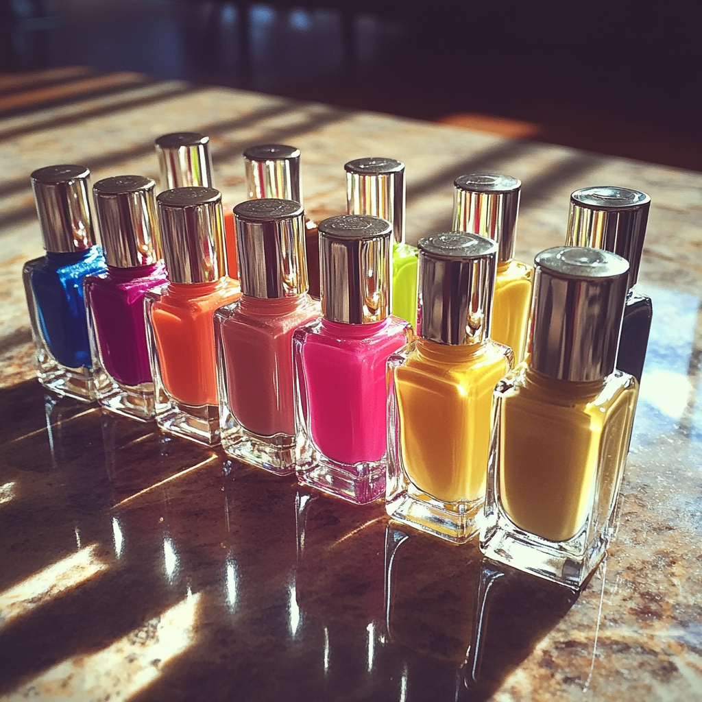 Flaschen mit Nagellack auf einem Tisch | Quelle: Midjourney