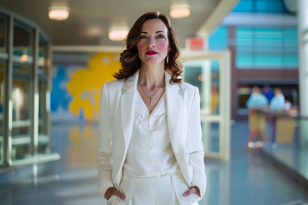 Eine Frau in einem weißen Blazer steht in einem Krankenhausflur | Quelle: Midjourney