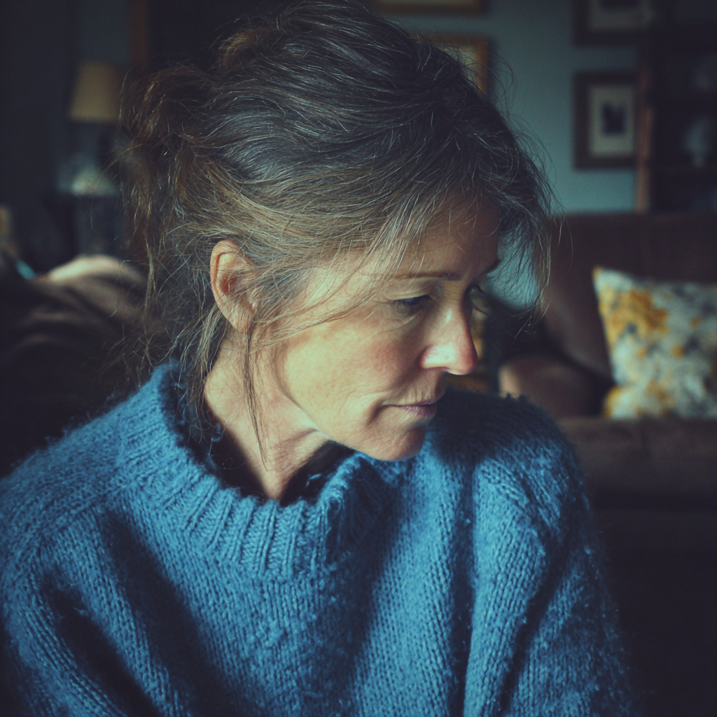 Eine aufgebrachte Frau sitzt in einem Wohnzimmer | Quelle: Midjourney