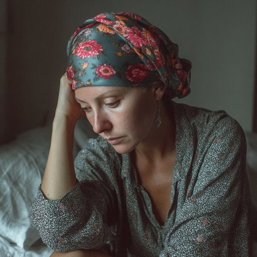 Eine kranke Frau sitzt im Bett | Quelle: Midjourney