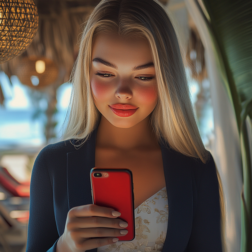 Eine Frau, die auf ihr Telefon schaut und lächelt | Quelle: Midjourney