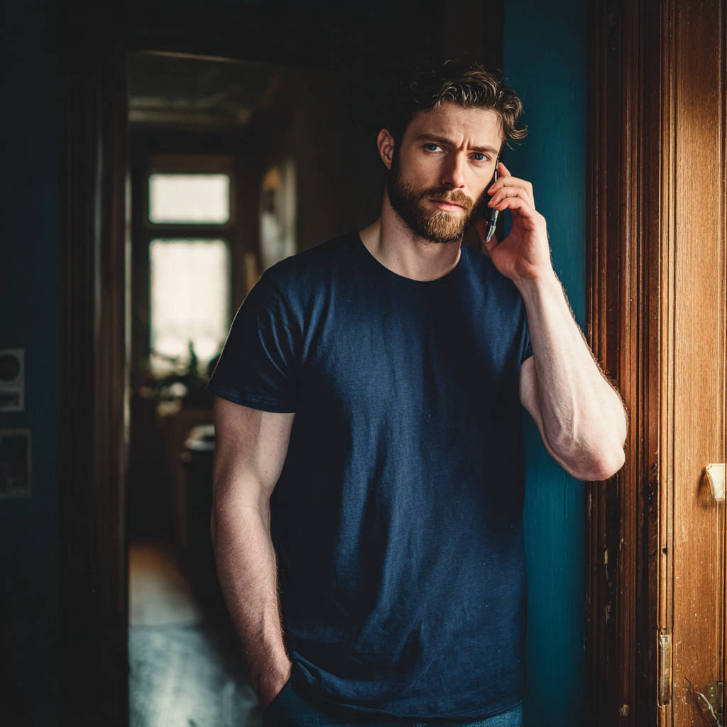Ein Mann, der in einem Flur steht und am Telefon spricht | Quelle: Midjourney