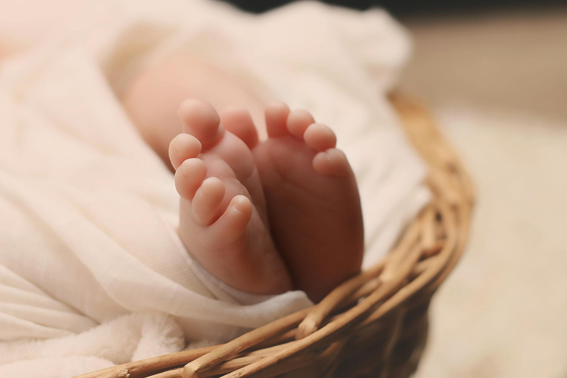 Eine Nahaufnahme der Füße eines Babys in einem Weidenkorb | Quelle: Pexels