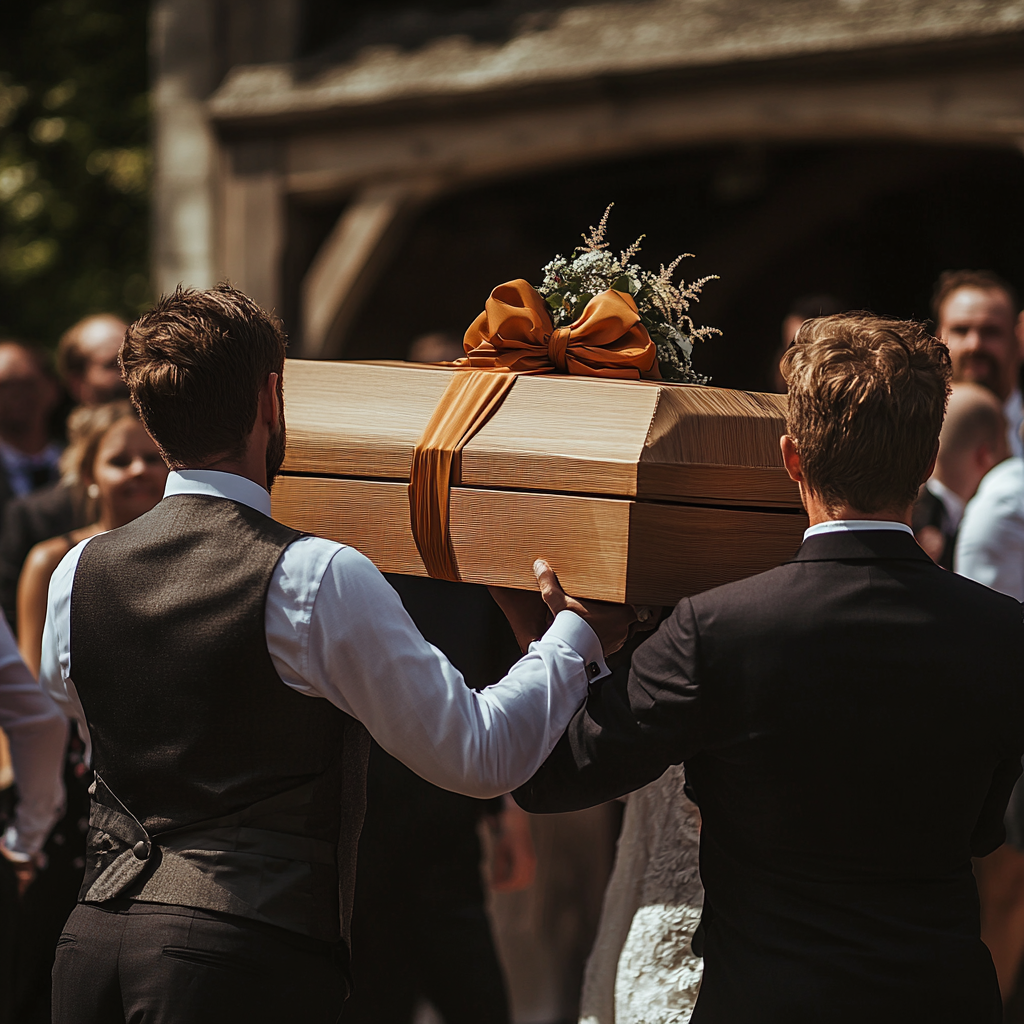 Mężczyźni niosący trumnę na weselu | Źródło: Midjourney