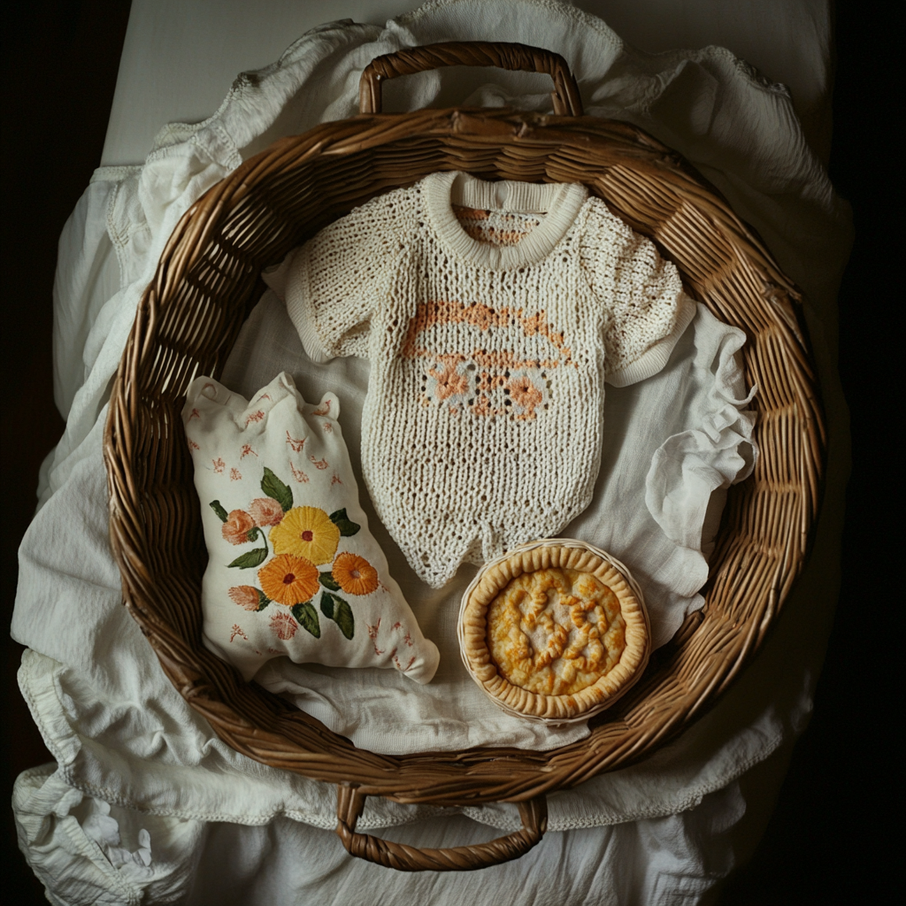 Babybedarf und ein Kuchen im Korb | Quelle: Midjourney