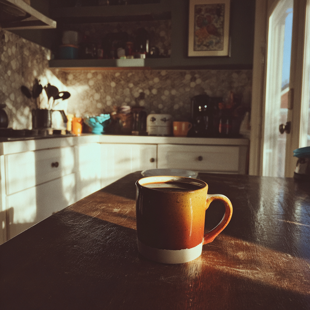 Eine Tasse Kaffee auf einem Küchentisch | Quelle: Midjourney