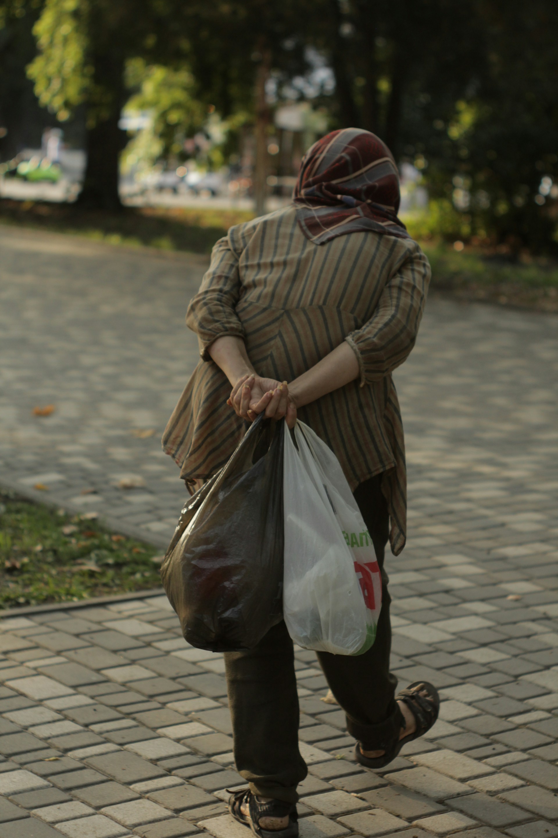 Eine ältere Frau, die zwei Plastiktüten trägt und auf der Straße geht | Quelle: Unsplash