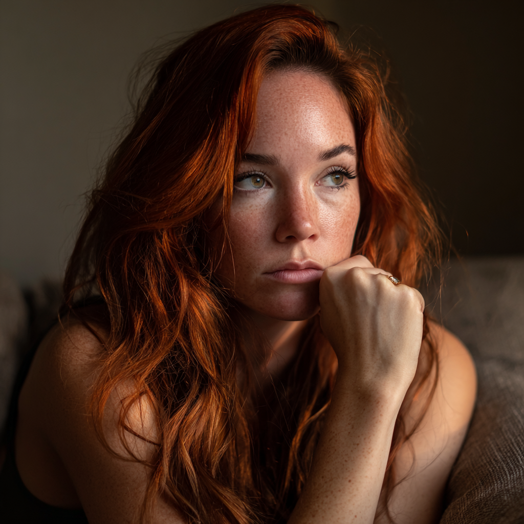 Eine nachdenkliche Frau sitzt auf einer Couch | Quelle: Midjourney