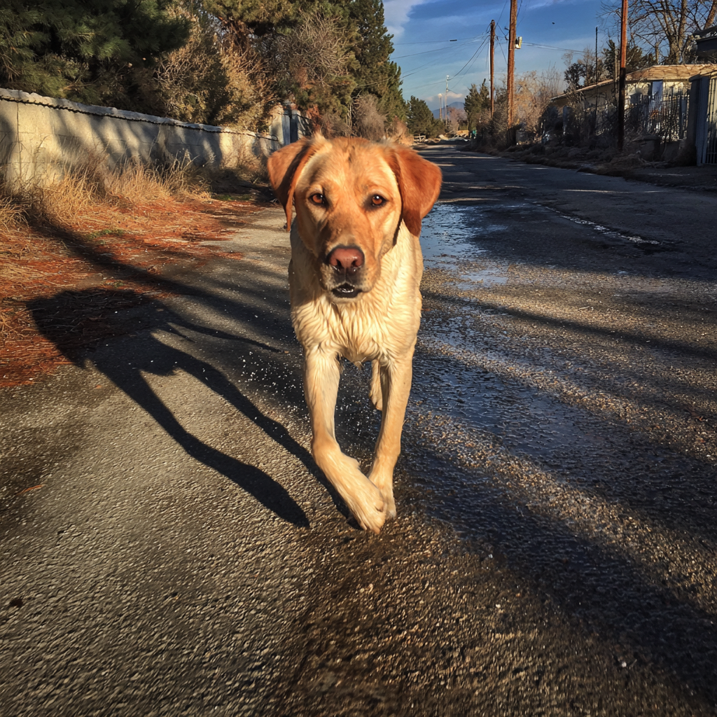 Ein Hund läuft eine Straße entlang | Quelle: Midjourney