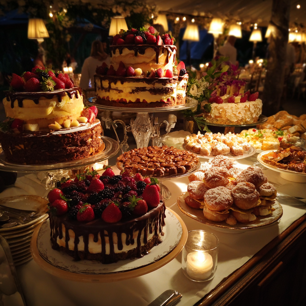 Ein Desserttisch bei einer Hochzeitsfeier | Quelle: Midjourney