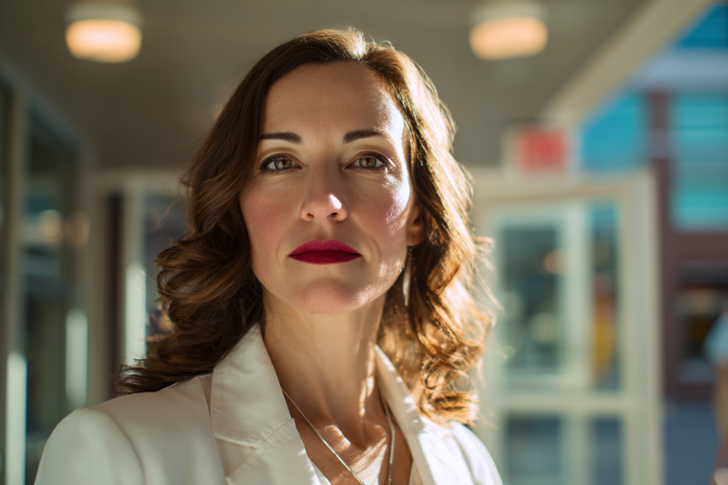 Nahaufnahme einer Frau in einem weißen Blazer, die in der Nähe einer Krankenhaus-Cafeteria steht | Quelle: Midjourney