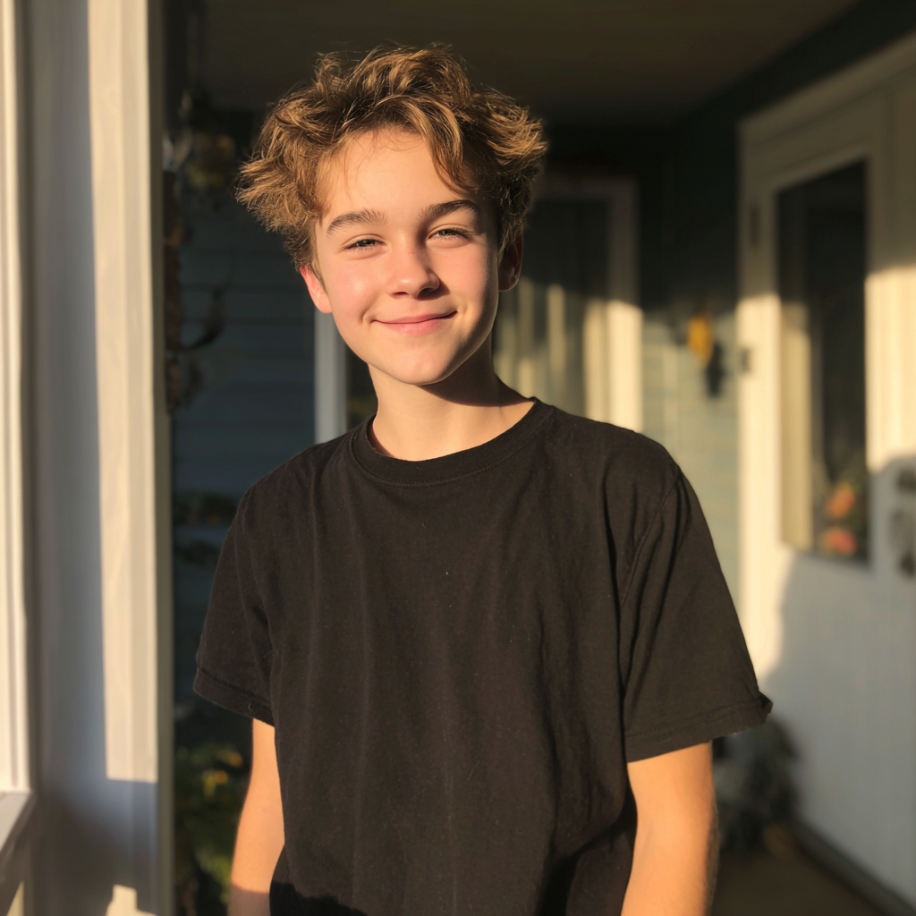 Ein lächelnder Teenager, der auf einer Veranda steht | Quelle: Midjourney