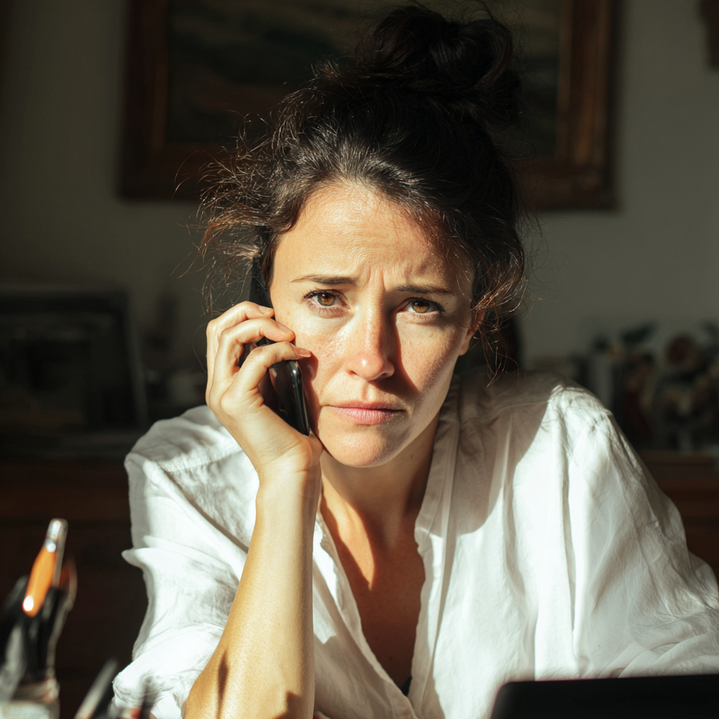 Eine stirnrunzelnde Frau, die am Telefon spricht | Quelle: Midjourney