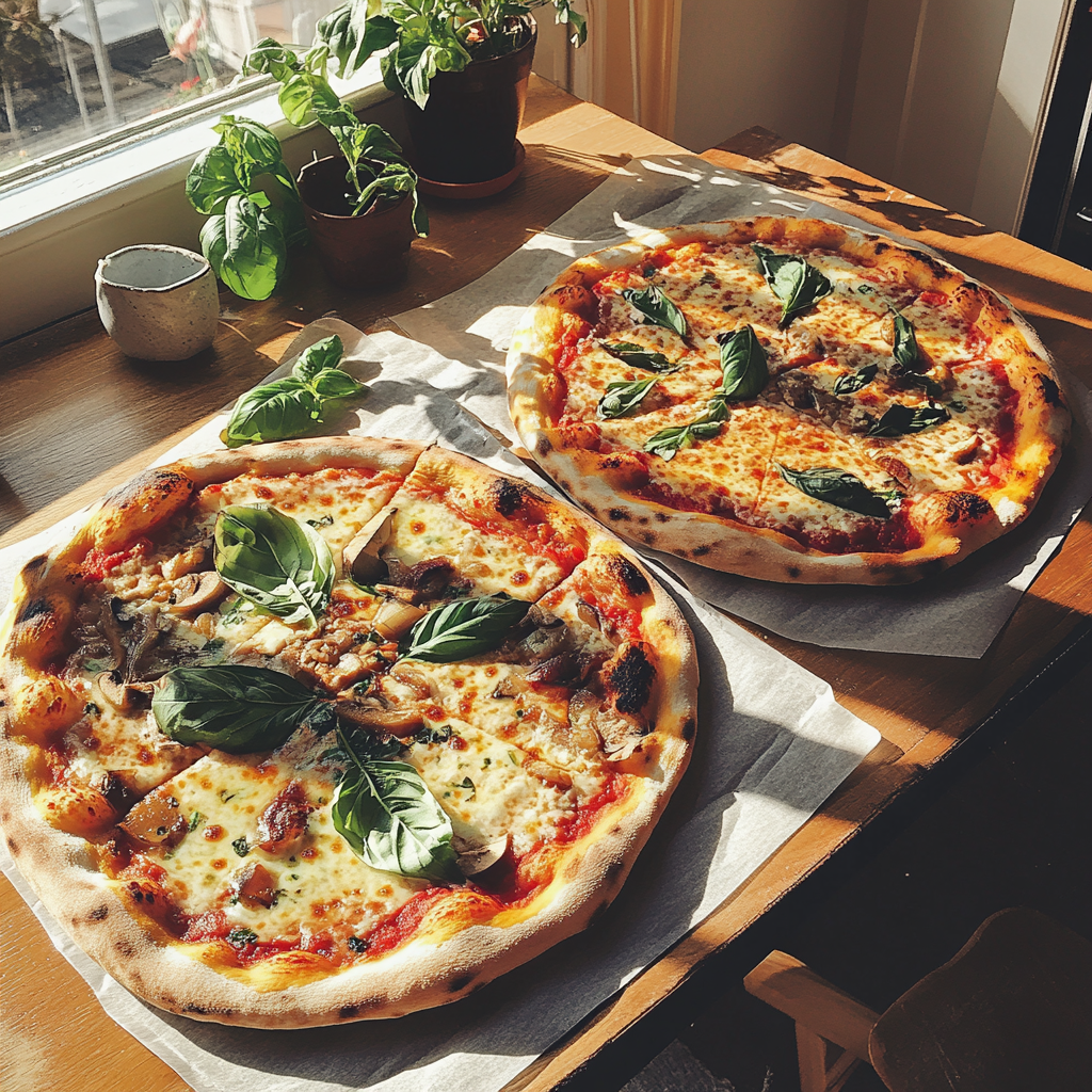 Zwei Pizzen auf einem Tisch | Quelle: Midjourney