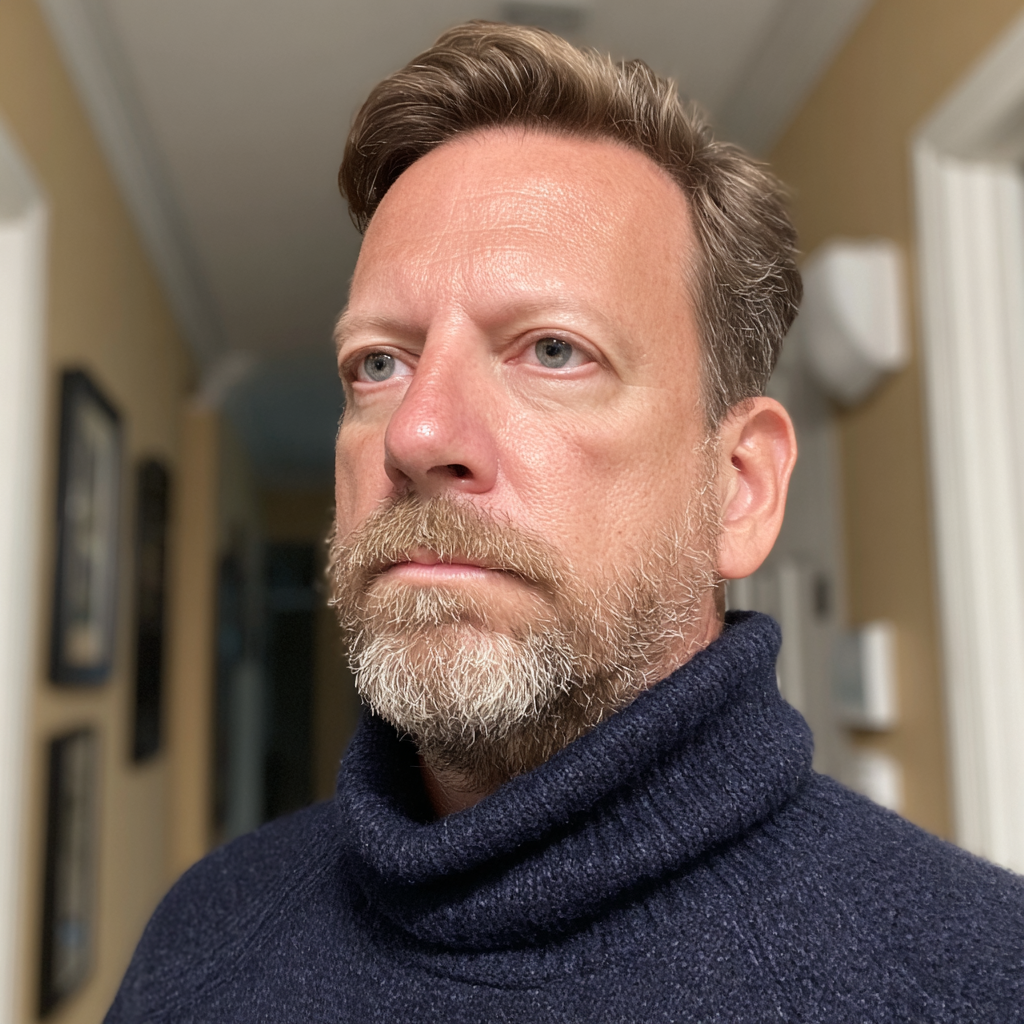 Ein nachdenklicher Mann in einem marineblauen Pullover | Quelle: Midjourney
