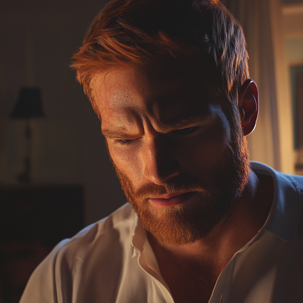 Winny człowiek ze spuszczonymi oczami | Źródło: Midjourney