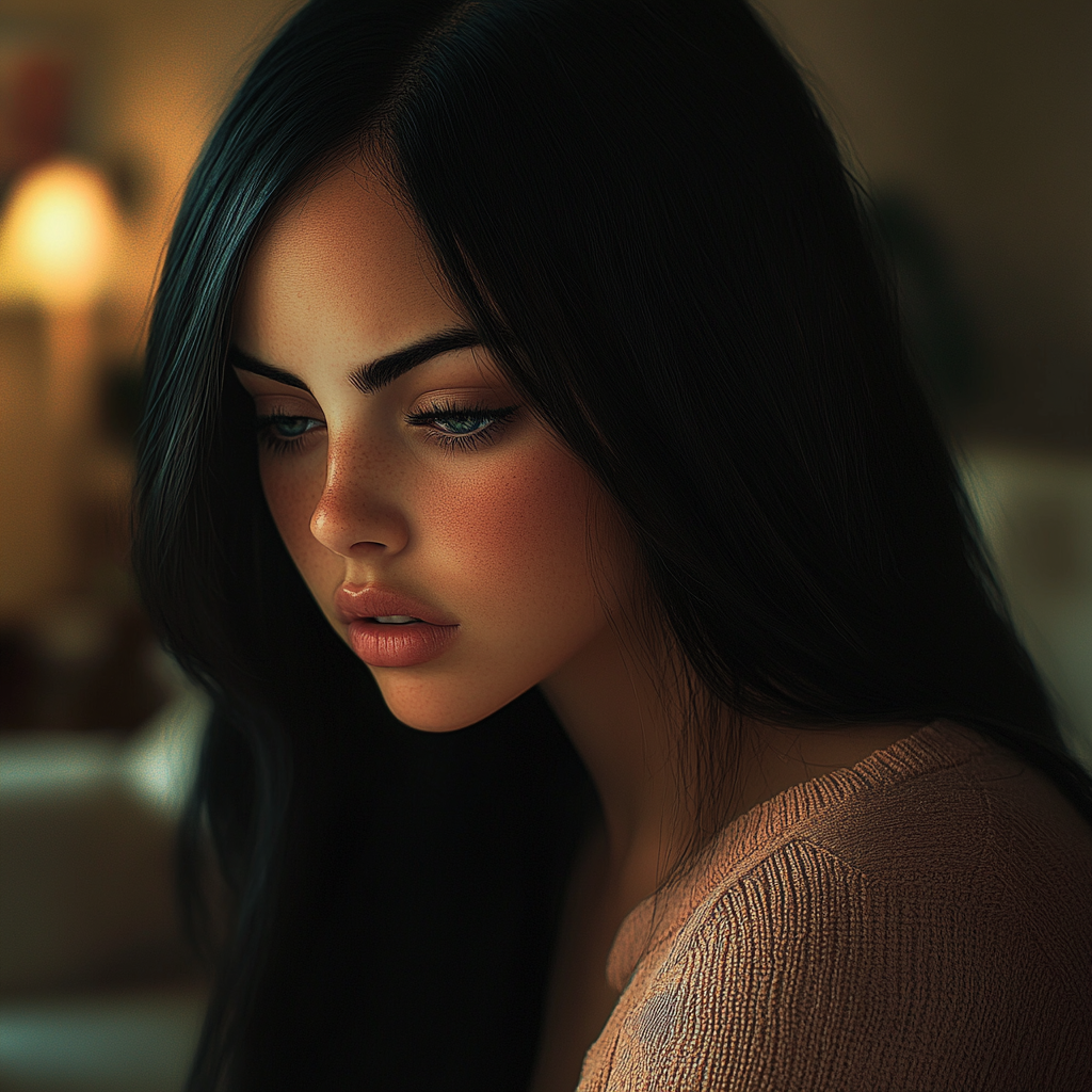 Zdenerwowana kobieta ze spuszczonymi oczami | Źródło: Midjourney