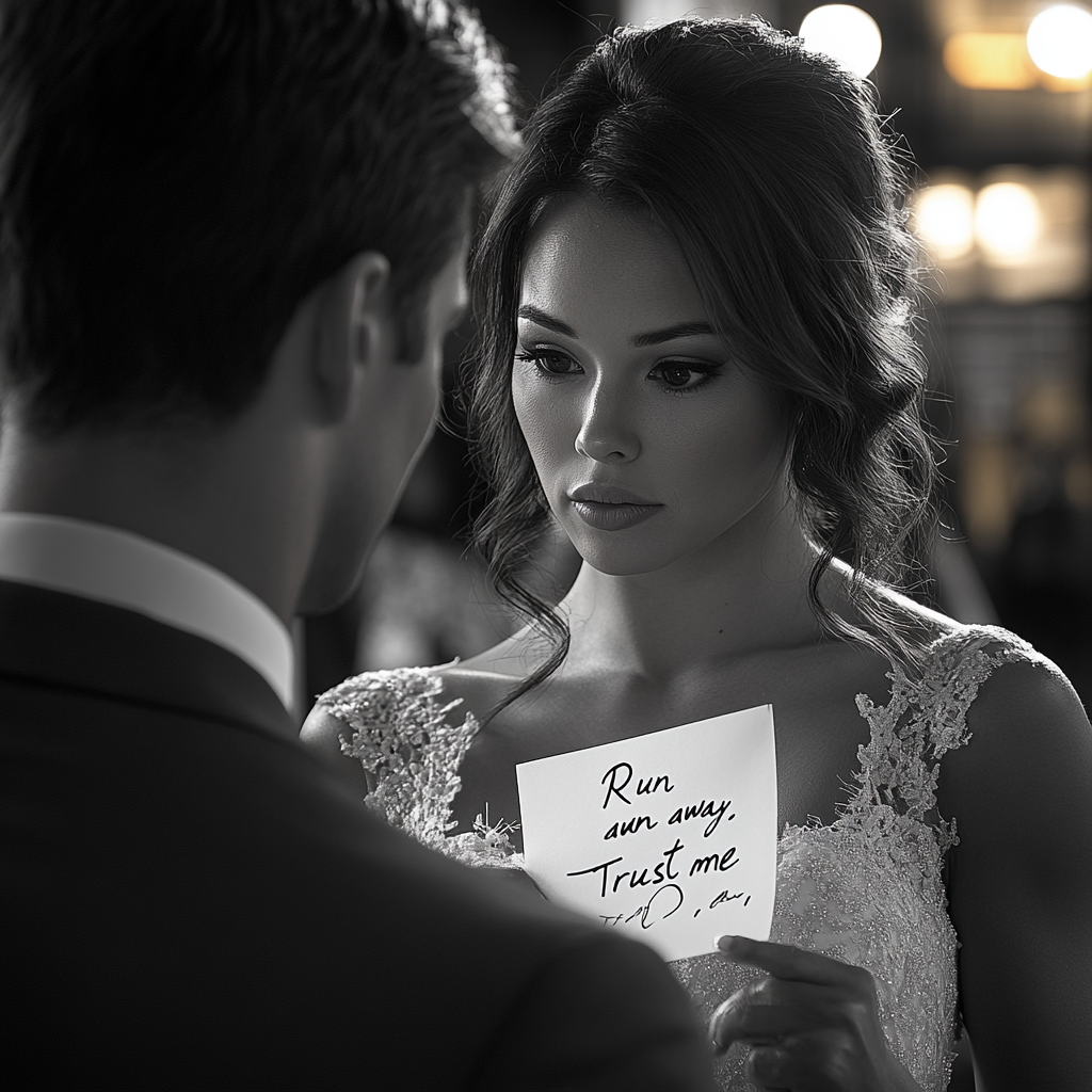 Sarah zeigt ihrem Mann ängstlich den Zettel, den sie bekommen hat | Quelle: Midjourney