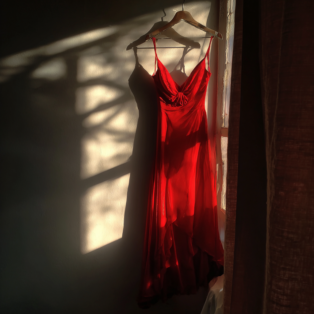 Ein rotes Kleid hängt an einem Kleiderbügel | Quelle: Midjourney