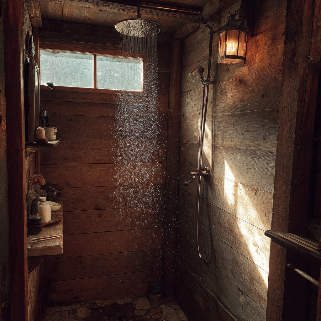 Eine Dusche in einer gemütlichen Holzhütte | Quelle: Midjourney