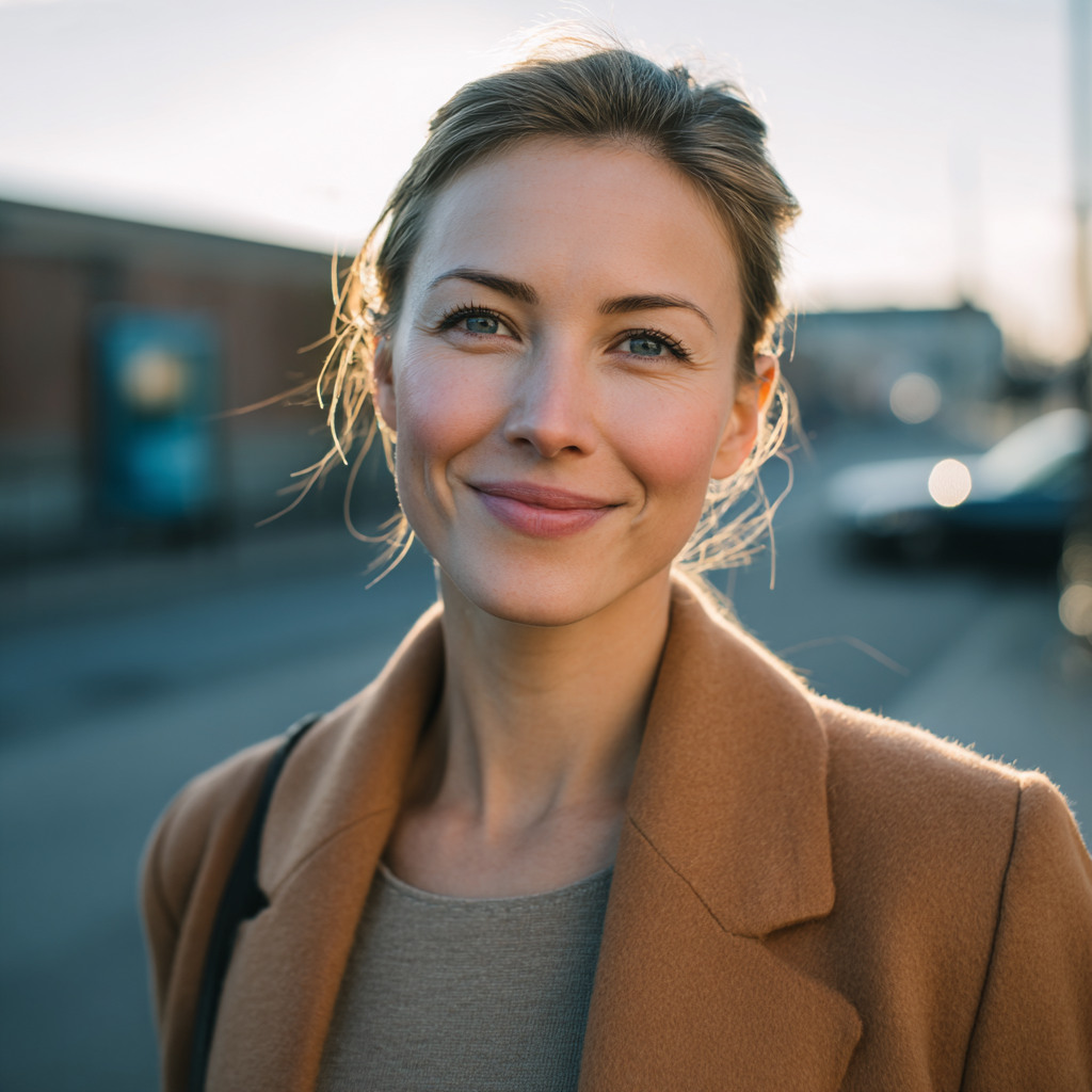 Eine lächelnde Frau, die einen orangefarbenen Mantel trägt | Quelle: Midjourney