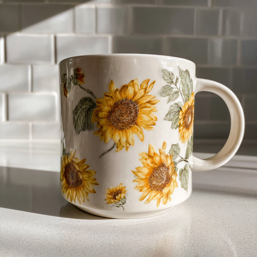 Eine weiße Tasse mit Sonnenblumen darauf | Quelle: Midjourney