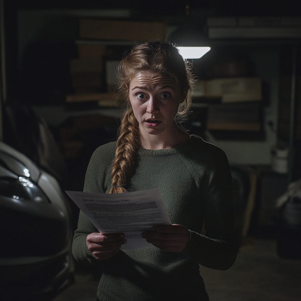 Eine Frau liest ein Dokument in einer Garage | Quelle: Midjourney